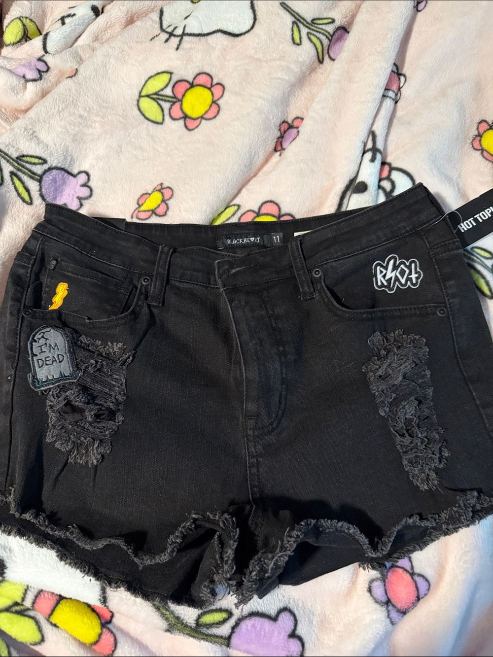 Hot Topic Black Distressed Jean Shorts with Patches